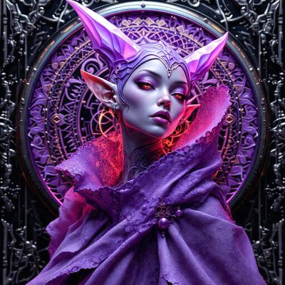 The primary subject of the image is a woman dressed in a purple gown, wearing a purple cape, and adorned with horns. She is standing in front of a purple and black background, which adds to the overall mood of the scene. The visual style of the image is digital art, as it appears to be a well-crafted and detailed illustration. The colors and mood of the image are predominantly purple, creating a sense of mystery and fantasy.